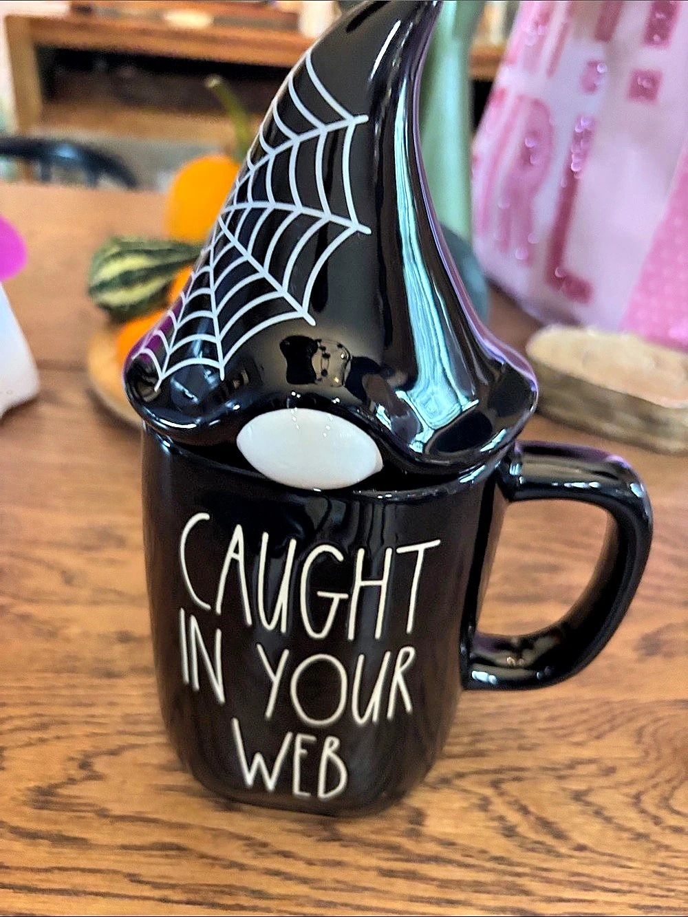 Rae Dunn Caught In Your Web Figural Mug with Lid Black & White
